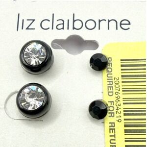 Liz Claiborne Glass Rhinestone Stud Earrings 2 Pair Black Clear NOS NWT